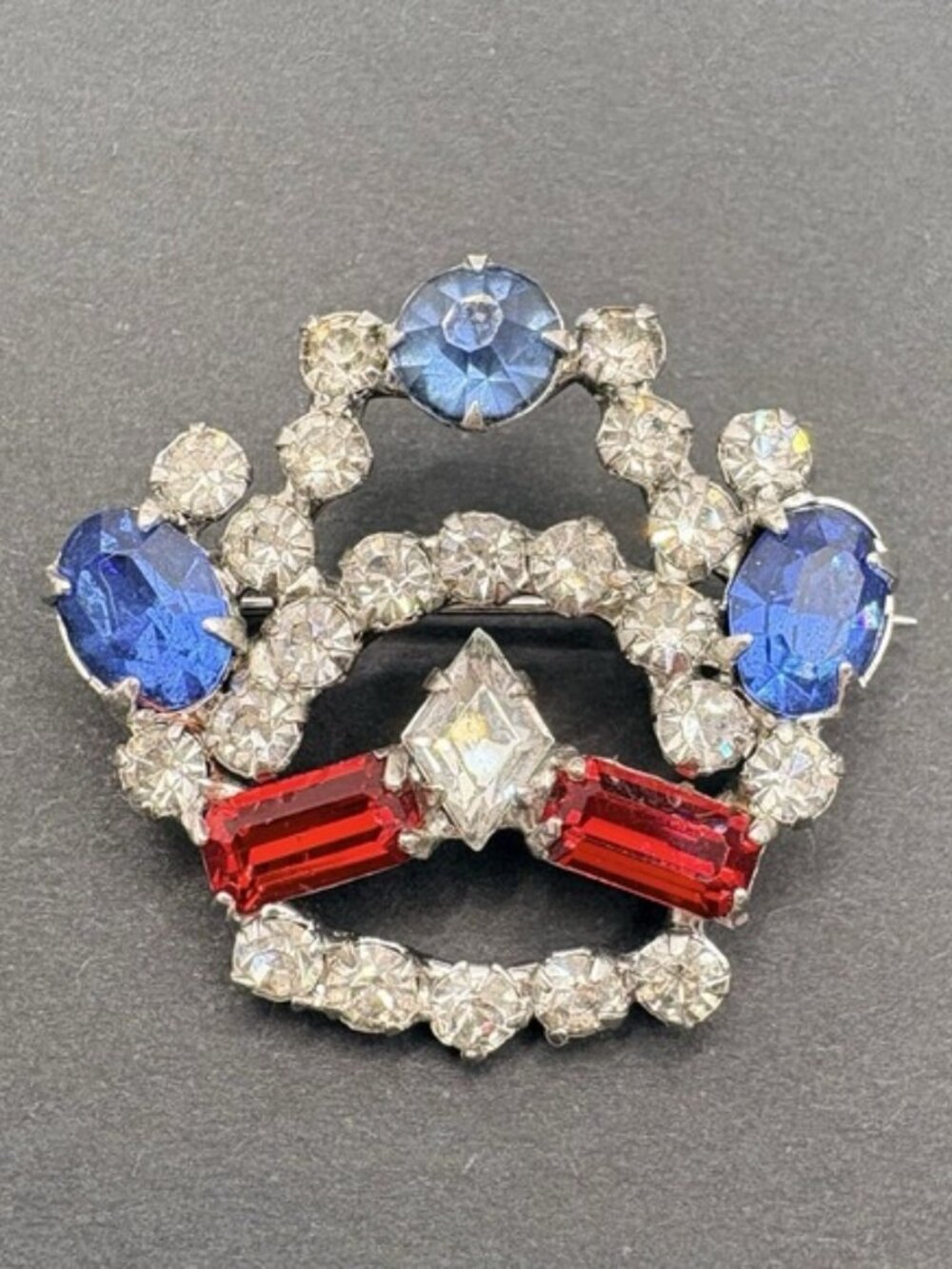 Vintage Crown Brooch Red Blue Clear Rhinestones Silver Tone Patriotic Coronation